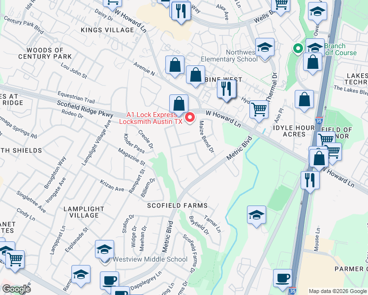 map of restaurants, bars, coffee shops, grocery stores, and more near 13500 Will Rogers Lane in Austin