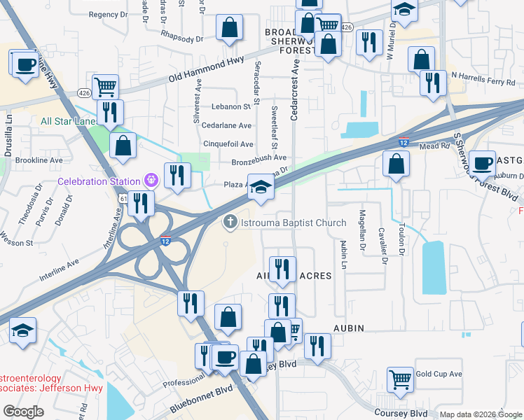map of restaurants, bars, coffee shops, grocery stores, and more near 10187 Twin Cedars Street in Baton Rouge
