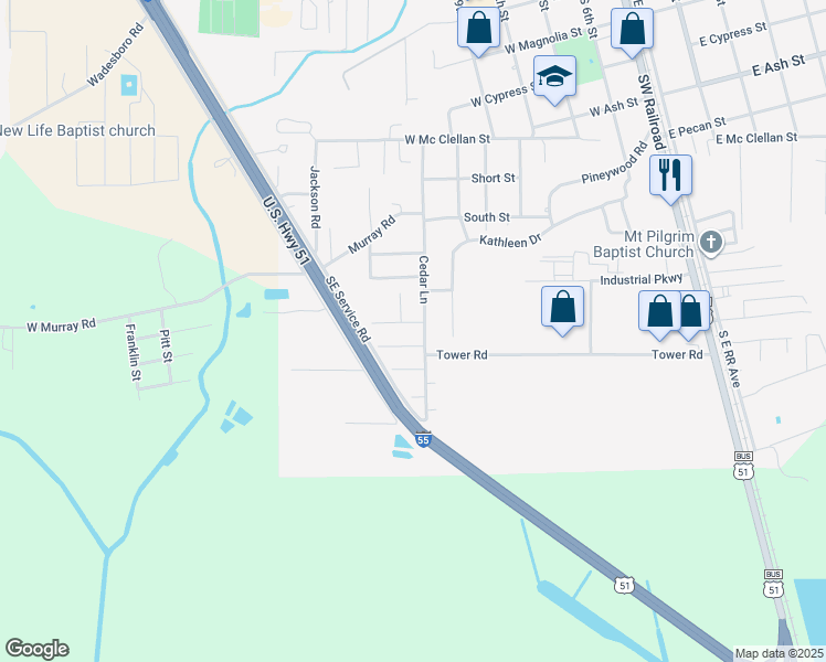 map of restaurants, bars, coffee shops, grocery stores, and more near 482 Cedar Lane in Ponchatoula