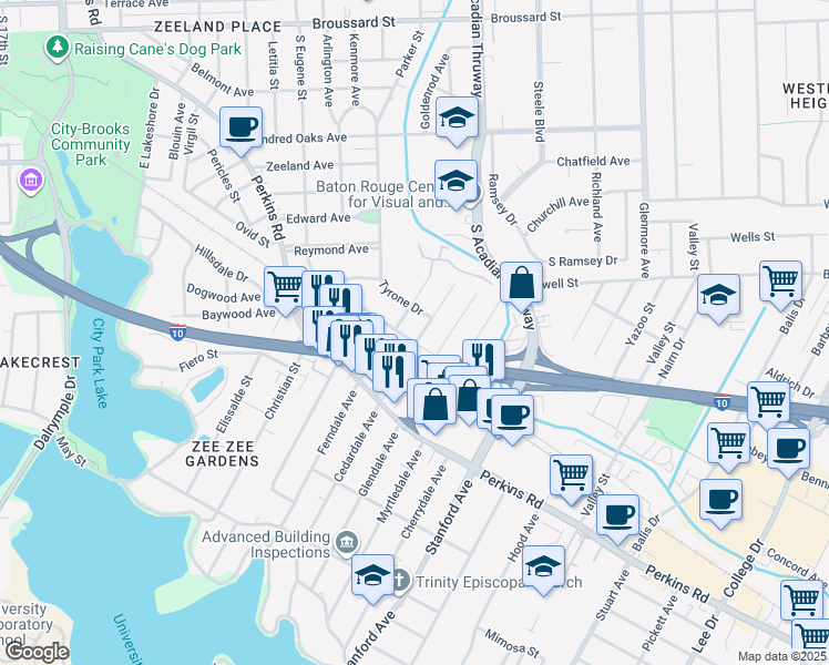 map of restaurants, bars, coffee shops, grocery stores, and more near 2466 Orpine Avenue in Baton Rouge