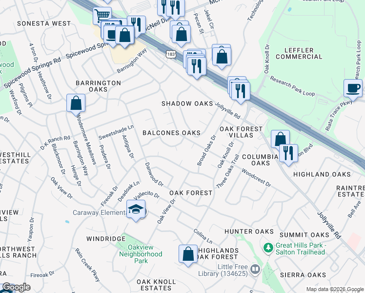 map of restaurants, bars, coffee shops, grocery stores, and more near 11752 D-K Ranch Road in Austin