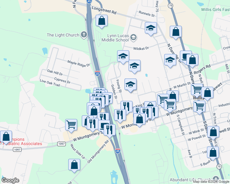 map of restaurants, bars, coffee shops, grocery stores, and more near 496 Golden Street in Willis
