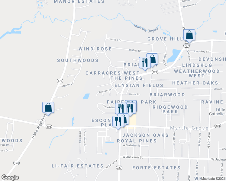 map of restaurants, bars, coffee shops, grocery stores, and more near 1115 Continental Drive in Pensacola