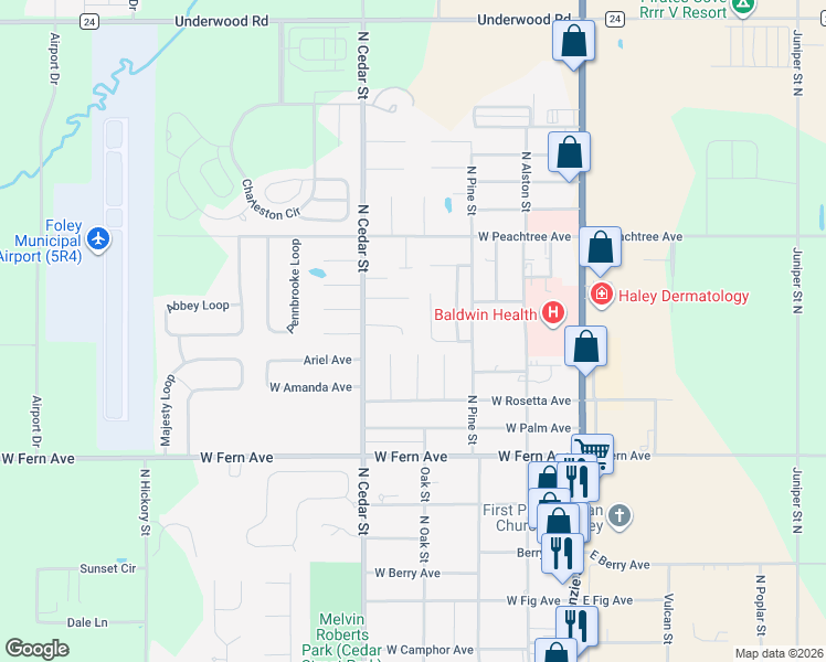 map of restaurants, bars, coffee shops, grocery stores, and more near 406 Cedar Court in Foley