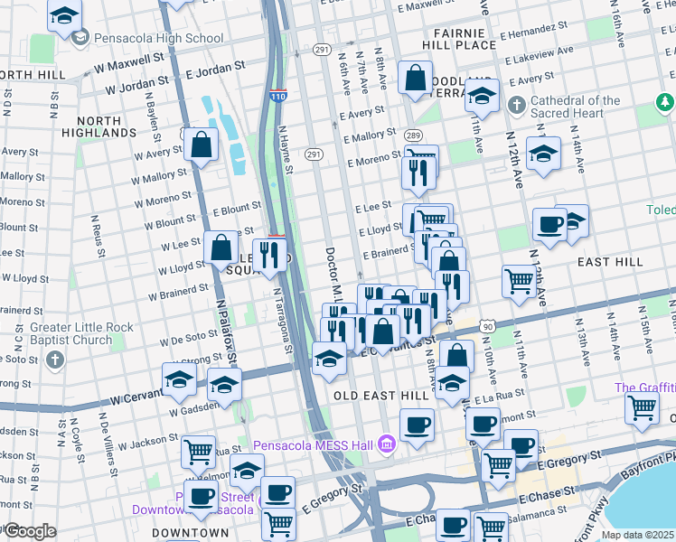 map of restaurants, bars, coffee shops, grocery stores, and more near 1110 Doctor Martin Luther King Junior Drive in Pensacola