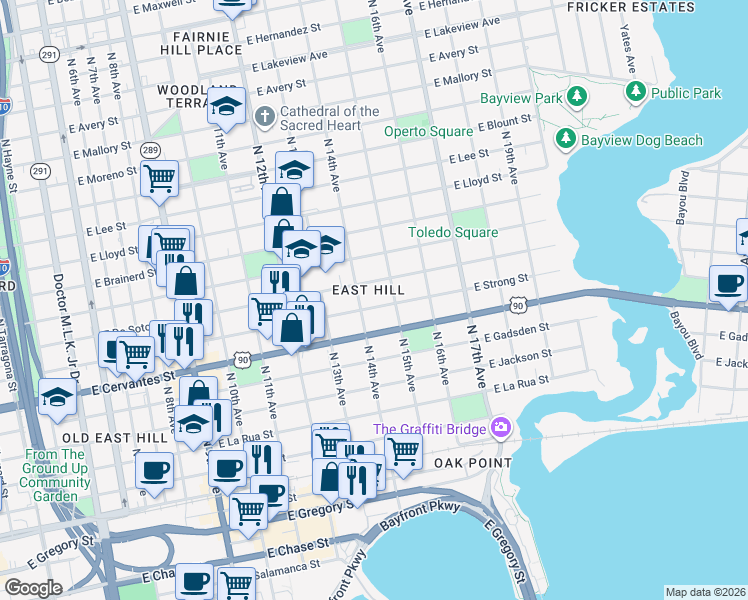 map of restaurants, bars, coffee shops, grocery stores, and more near 1411 East De Soto Street in Pensacola