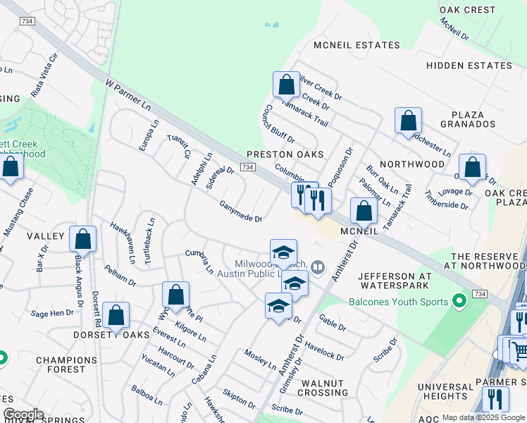 map of restaurants, bars, coffee shops, grocery stores, and more near 4310 Ganymede Drive in Austin