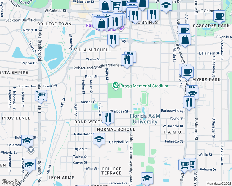 map of restaurants, bars, coffee shops, grocery stores, and more near in Tallahassee