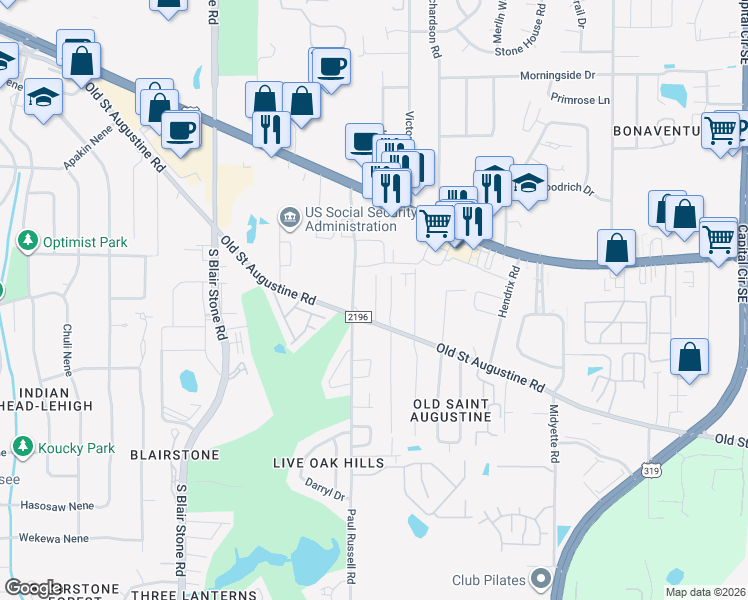 map of restaurants, bars, coffee shops, grocery stores, and more near 1315 Paul Russell Road in Tallahassee