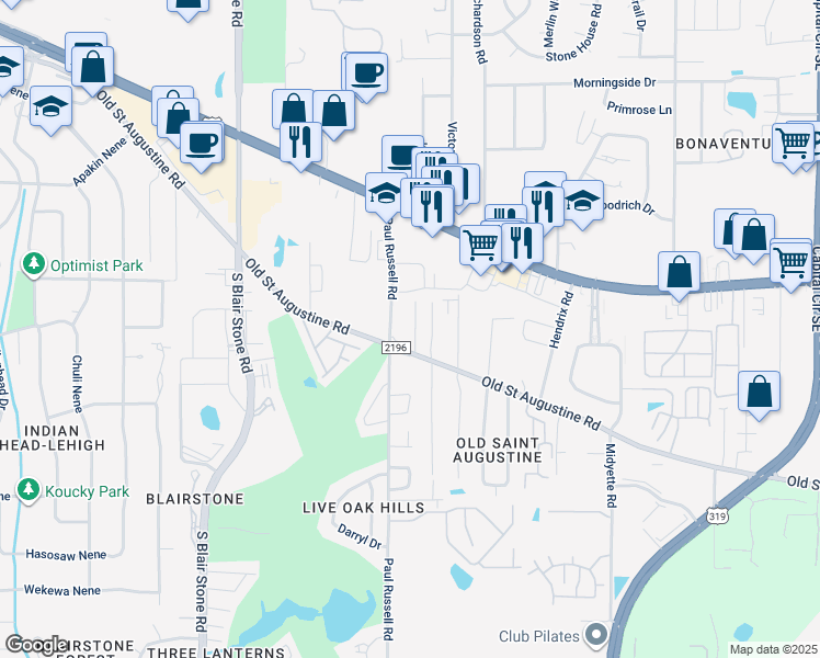 map of restaurants, bars, coffee shops, grocery stores, and more near 1315 Paul Russell Road in Tallahassee