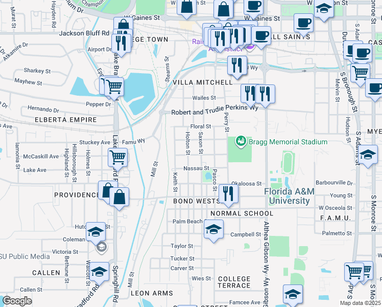 map of restaurants, bars, coffee shops, grocery stores, and more near 1716 Saxon Street in Tallahassee