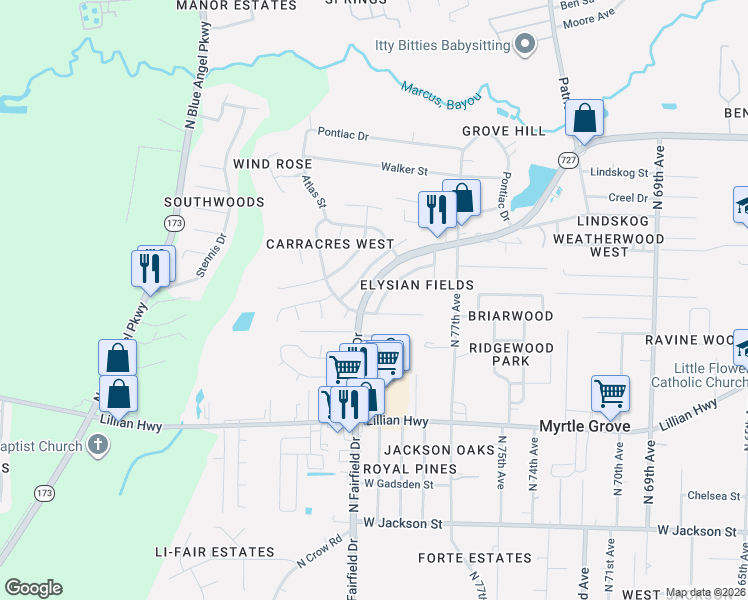 map of restaurants, bars, coffee shops, grocery stores, and more near 7862 Apollo Drive in Pensacola