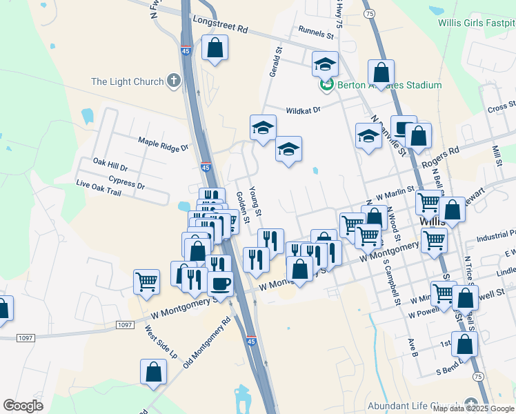 map of restaurants, bars, coffee shops, grocery stores, and more near 500 Golden Street in Willis