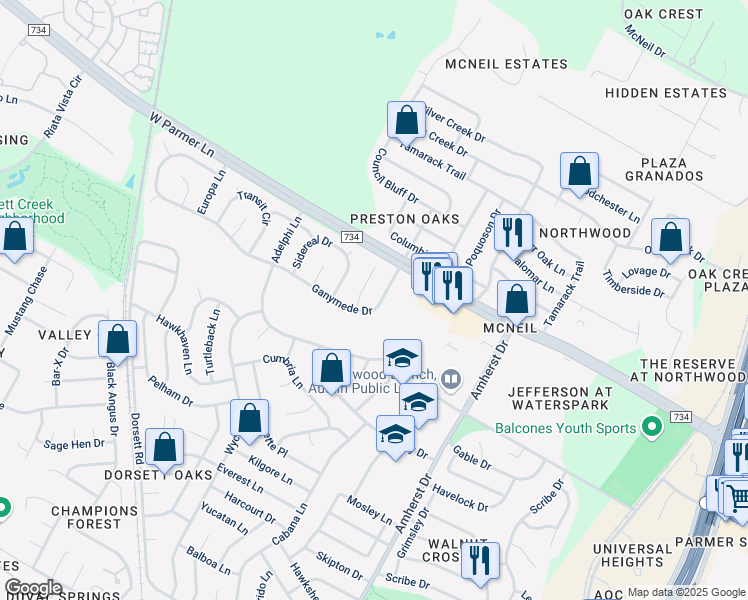 map of restaurants, bars, coffee shops, grocery stores, and more near 4310 Ganymede Drive in Austin
