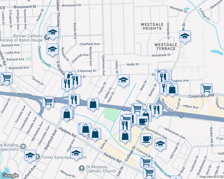 map of restaurants, bars, coffee shops, grocery stores, and more near 2456 Nairn Drive in Baton Rouge