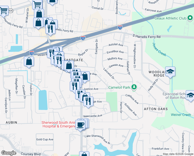 map of restaurants, bars, coffee shops, grocery stores, and more near 11949 Bricksome Avenue in Baton Rouge