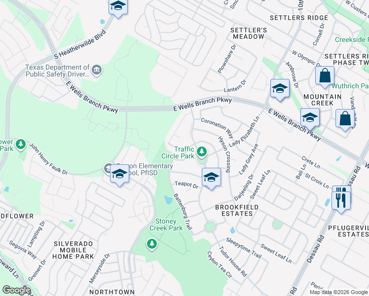 map of restaurants, bars, coffee shops, grocery stores, and more near 14916 Earl Grey Lane in Pflugerville