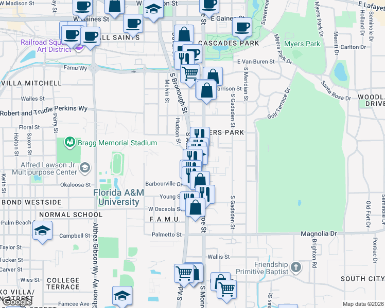 map of restaurants, bars, coffee shops, grocery stores, and more near 1709 South Adams Street in Tallahassee