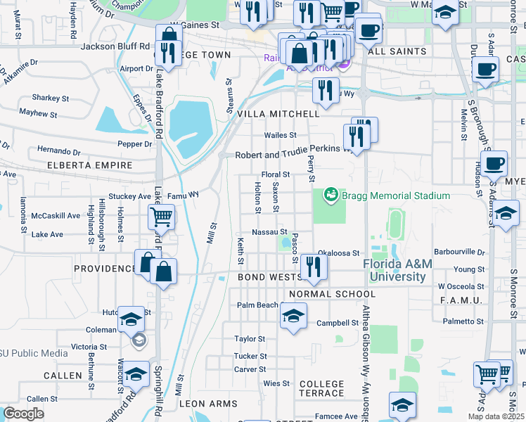 map of restaurants, bars, coffee shops, grocery stores, and more near 1716 Saxon Street in Tallahassee