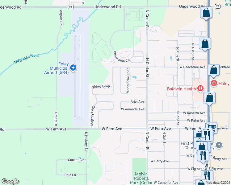 map of restaurants, bars, coffee shops, grocery stores, and more near 1732 Abbey Loop in Foley