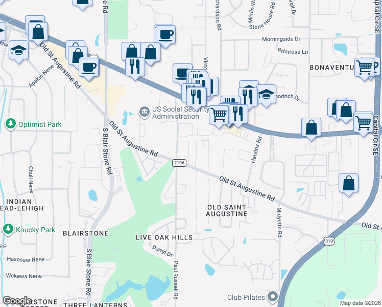 map of restaurants, bars, coffee shops, grocery stores, and more near 1351 Castelnau Court in Tallahassee
