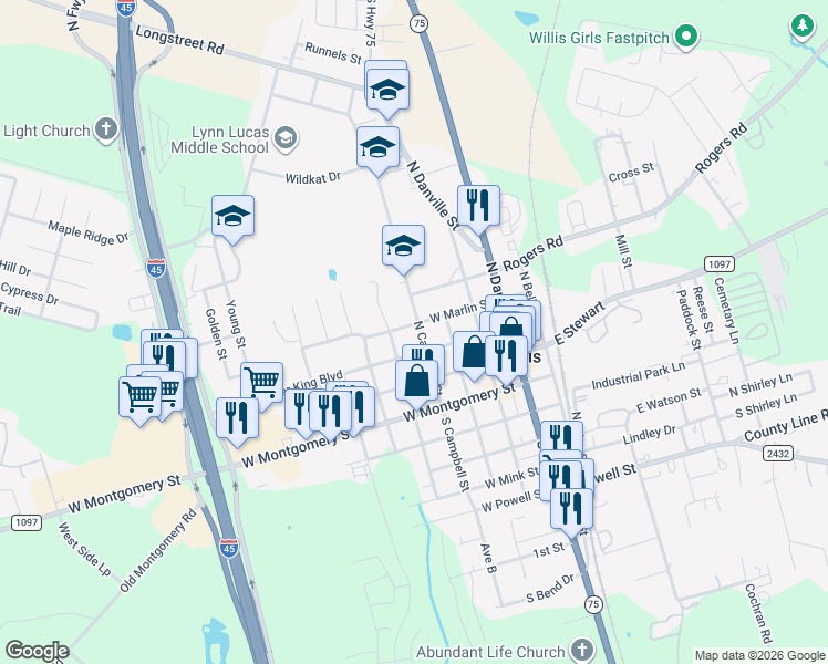 map of restaurants, bars, coffee shops, grocery stores, and more near 401 West Marlin Street in Willis
