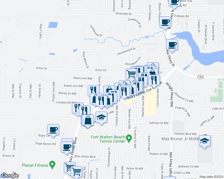 map of restaurants, bars, coffee shops, grocery stores, and more near 115 Classic Court in Fort Walton Beach