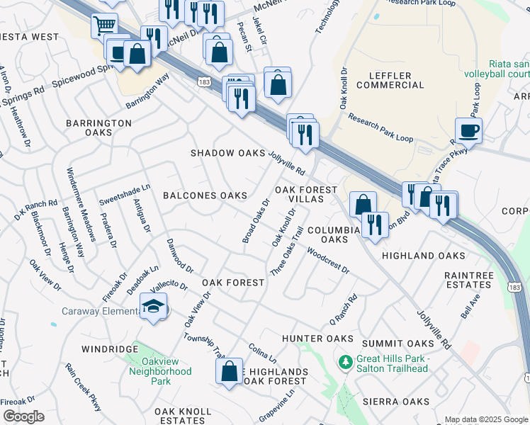 map of restaurants, bars, coffee shops, grocery stores, and more near 11713 Broad Oaks Drive in Austin