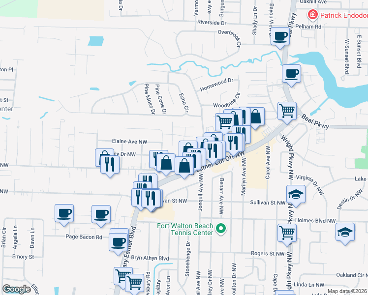 map of restaurants, bars, coffee shops, grocery stores, and more near 307 Sims Street in Fort Walton Beach