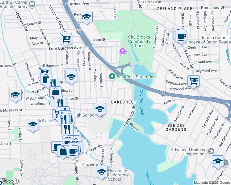 map of restaurants, bars, coffee shops, grocery stores, and more near 2329 Carolina Street in Baton Rouge