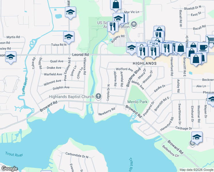 map of restaurants, bars, coffee shops, grocery stores, and more near 10511 Loyola Drive North in Jacksonville