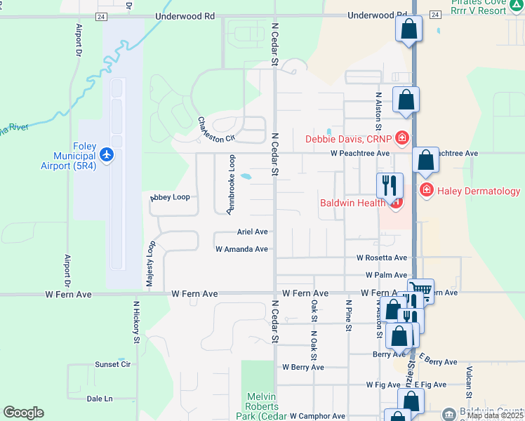 map of restaurants, bars, coffee shops, grocery stores, and more near 511 Jeraldean Court in Foley
