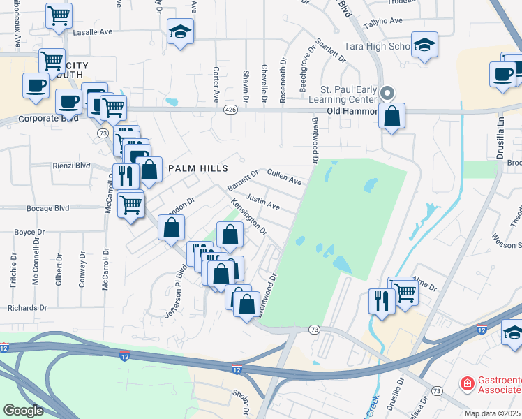 map of restaurants, bars, coffee shops, grocery stores, and more near Plaza Drive in Baton Rouge
