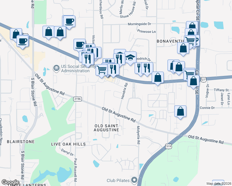 map of restaurants, bars, coffee shops, grocery stores, and more near 1320 Hendrix Road in Tallahassee