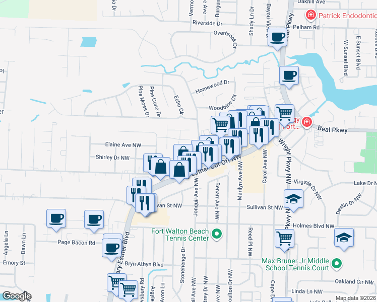 map of restaurants, bars, coffee shops, grocery stores, and more near 111-117 Classic Court in Fort Walton Beach