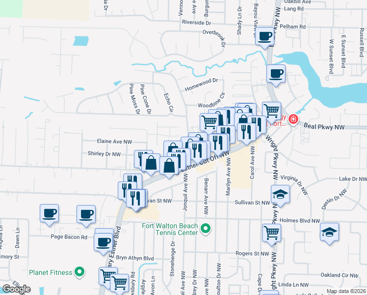 map of restaurants, bars, coffee shops, grocery stores, and more near 111-117 Classic Court in Fort Walton Beach