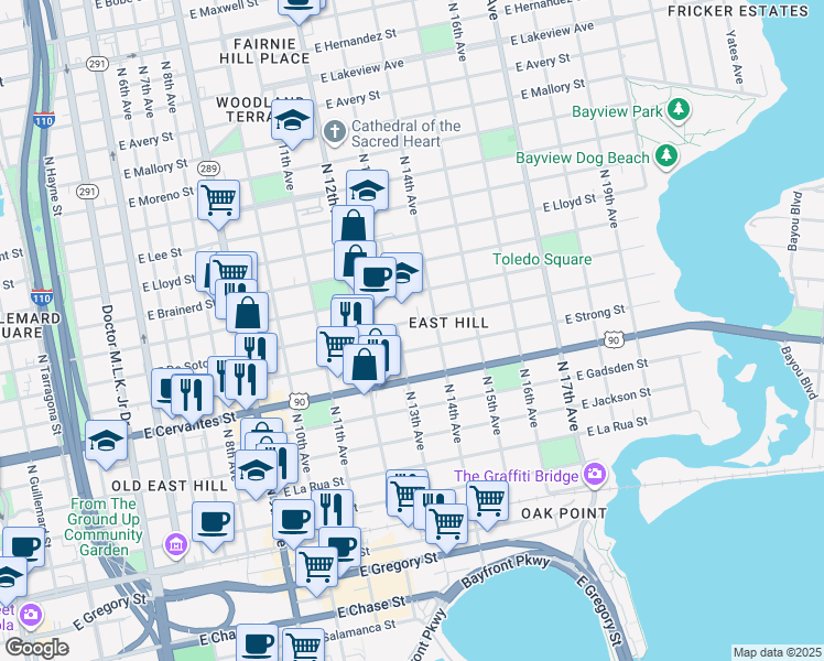 map of restaurants, bars, coffee shops, grocery stores, and more near 1315 East De Soto Street in Pensacola