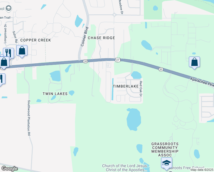 map of restaurants, bars, coffee shops, grocery stores, and more near 1633 Quazar Street in Tallahassee