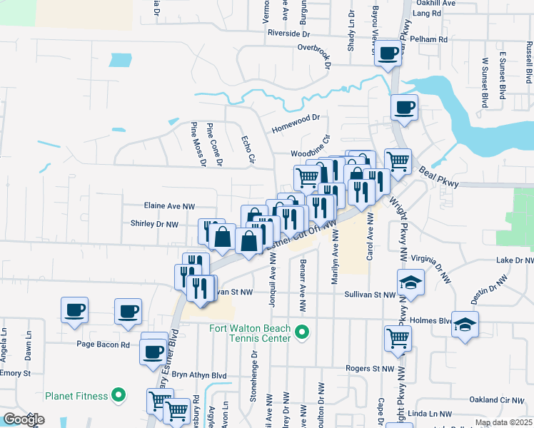 map of restaurants, bars, coffee shops, grocery stores, and more near 111-117 Classic Court in Fort Walton Beach