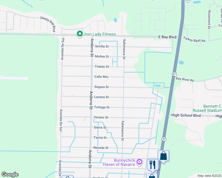 map of restaurants, bars, coffee shops, grocery stores, and more near 8297 Segura Street in Navarre