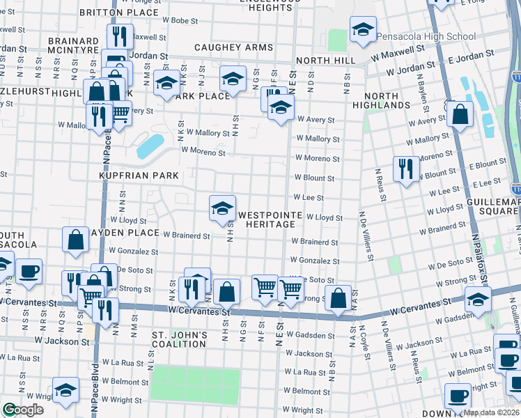 map of restaurants, bars, coffee shops, grocery stores, and more near 1301 North F Street in Pensacola