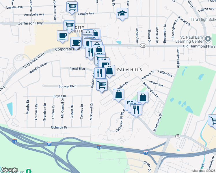 map of restaurants, bars, coffee shops, grocery stores, and more near 8001 Jefferson Highway in Baton Rouge