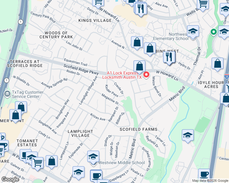map of restaurants, bars, coffee shops, grocery stores, and more near 1919 Creole Drive in Austin