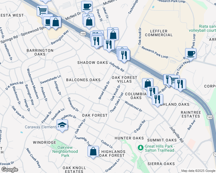 map of restaurants, bars, coffee shops, grocery stores, and more near 11713 Broad Oaks Drive in Austin