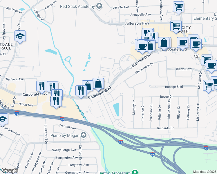 map of restaurants, bars, coffee shops, grocery stores, and more near Corporate Boulevard in Baton Rouge