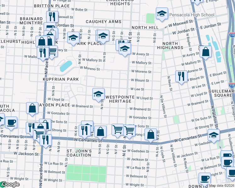 map of restaurants, bars, coffee shops, grocery stores, and more near 1301 North F Street in Pensacola