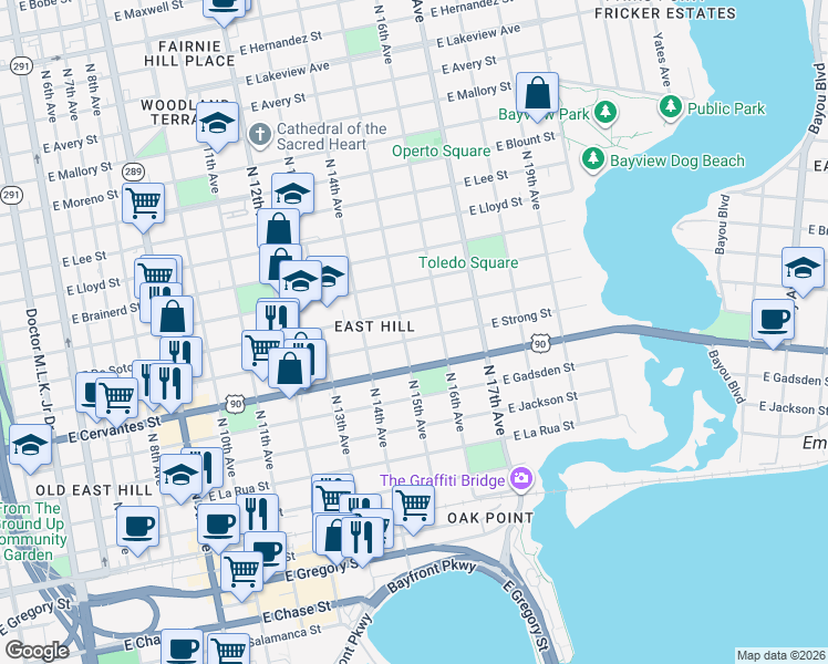 map of restaurants, bars, coffee shops, grocery stores, and more near 1504 East Strong Street in Pensacola