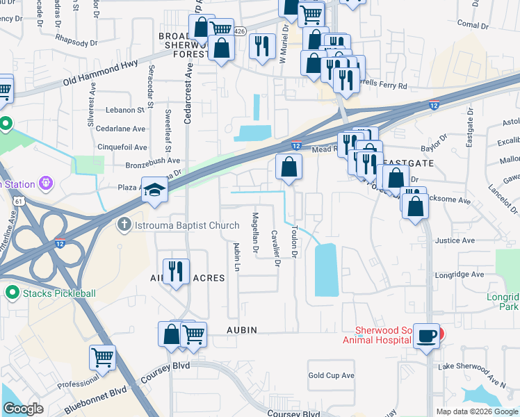 map of restaurants, bars, coffee shops, grocery stores, and more near 2701 Magellan Drive in Baton Rouge