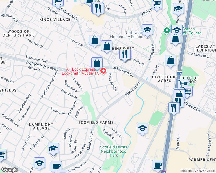 map of restaurants, bars, coffee shops, grocery stores, and more near 1716 Sunterro Drive in Austin