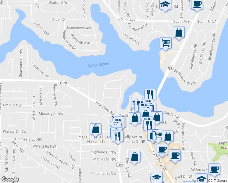 map of restaurants, bars, coffee shops, grocery stores, and more near 14 Wisteria Court Northwest in Fort Walton Beach